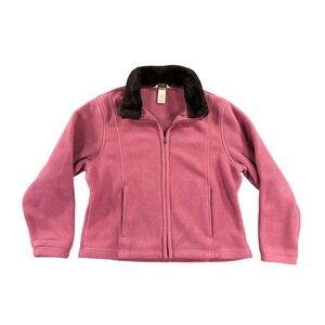 L.L. Bean Fleece Jacket Womens Medium Petite Pink Full Zip Faux Fur Collar OWK63